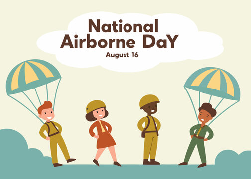 group of smiling paratroopers from diverse backgrounds standing proudly with parachutes behind them, ideal for unity-focused national airborne day designs. - Powered by Adobe
