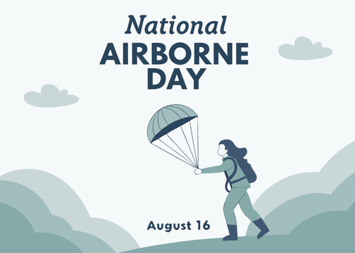 female paratrooper landing in a field after a successful jump, flat vector with clean lines, great for inclusive and modern national airborne day visuals.