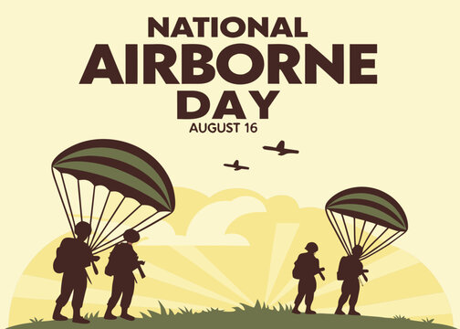 a flat illustration showing troops preparing for an airborne jump at sunrise, great for event posters, flyers, and commemorative national airborne day graphics. - Powered by Adobe