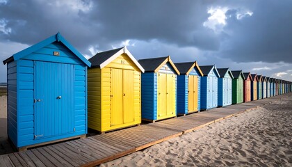 Colorful beach huts line a sandy shore under a dramatic sky (2)