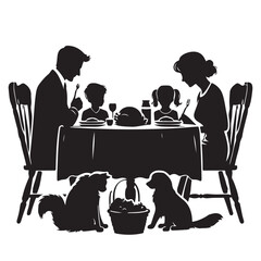 Silhouette of a Family Thanksgiving Dinner with Pets Illustration