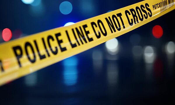 Police tape marking a crime scene at night with blurred emergency lights in the background