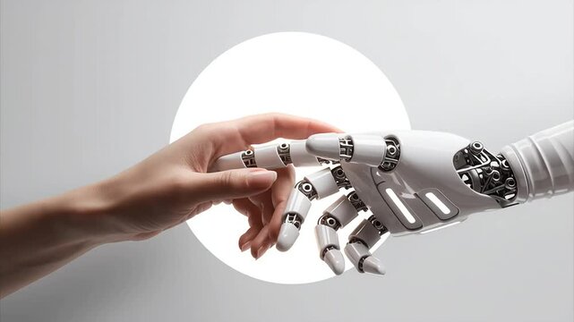 Human Hand Reaching Out to Futuristic Robotic Hand in White Space with ai generated