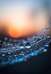 A hyper-realistic macro shot of delicate water droplets on a glowing spiderweb at dawn, refracting a rainbow and showing nature's intricate beauty.