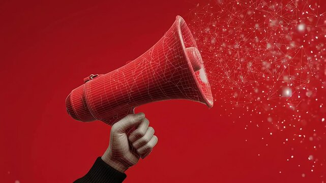 Red Megaphone with Wireframe Design on Vibrant Red Background with ai generated