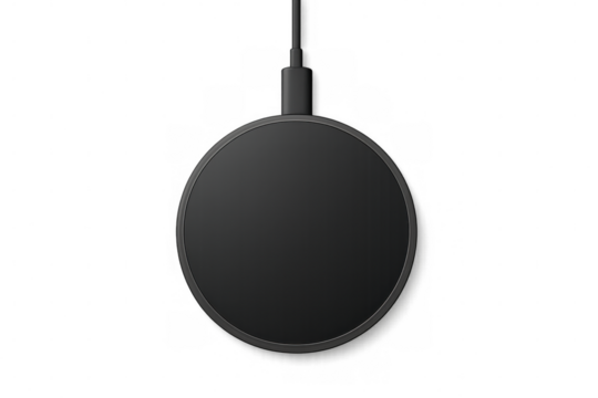Black wireless charger pad charging smartphone with transparent background, perfect for showcasing mobile accessories