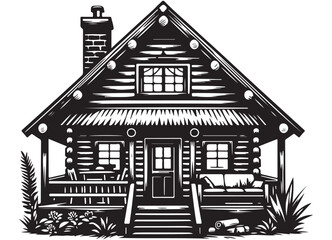 Rustic Cabin Retreat Vector Illustration with Porch and Chimney