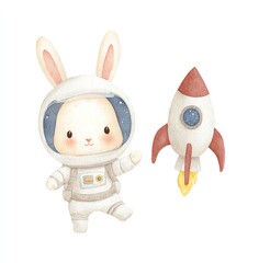 Cute Astronaut Bunny and Rocket Ship