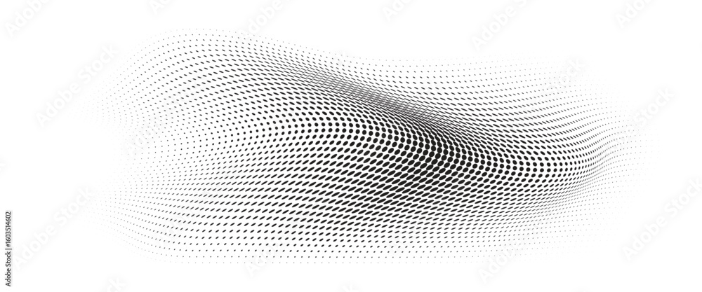 Poster flowing wave dot halftone pattern: curve gradient shape on transparent background. suitable for ai, 