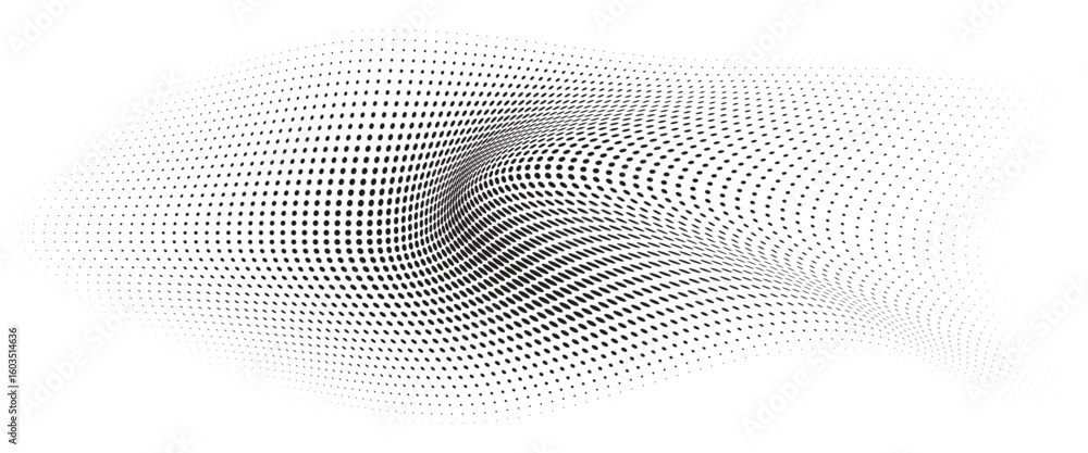 Poster flowing wave dot halftone pattern: curve gradient shape on transparent background. suitable for ai, 