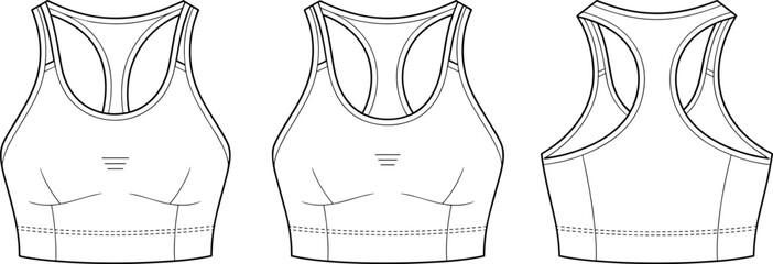 CAD drawing flat vector illustration of sports bra design front back view, activewear technical sketch fashion template fitness apparel layout