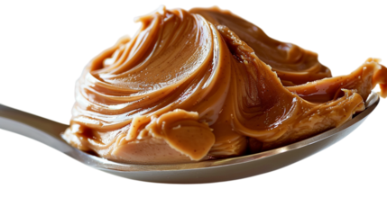 Creamy Peanut Butter on Spoon shows Smooth Texture for healthy food, culinary art, or sweet treat illustrations.