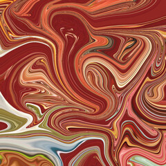 Obraz premium Deep crimson swirl with vibrant gold, green, and coral tones creating a fiery, marbled, abstract pattern full of fluid motion and energy. Perfect texture and fluidity.
