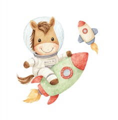 Fototapeta premium Cute Horse Astronaut Riding Rocket