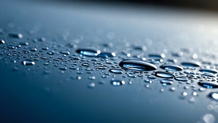 Small water droplets scattered across smooth dark blue surface with soft lighting and shallow focus. Nature concept
