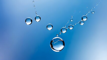 Water droplets forming delicate lines along threads suspended against soft blue gradient background. Nature concept
