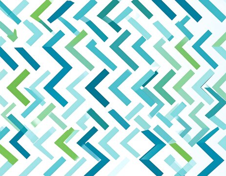 Abstract pattern of overlapping turquoise and green arrows on white