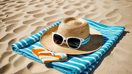Straw hat and sunglasses on striped towel with flip-flops resting on sunny sandy beach

