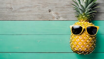Single pineapple wearing yellow sunglasses on colorful wooden background
