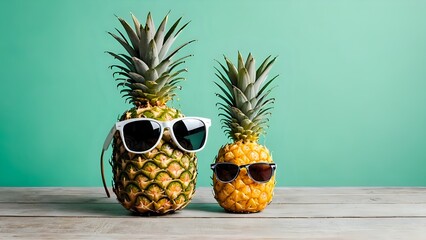 Two pineapples wearing sunglasses on a wooden table with turquoise background
