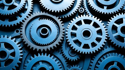 Close-up view of interlocking blue metal gears representing mechanical teamwork and precision engineering
