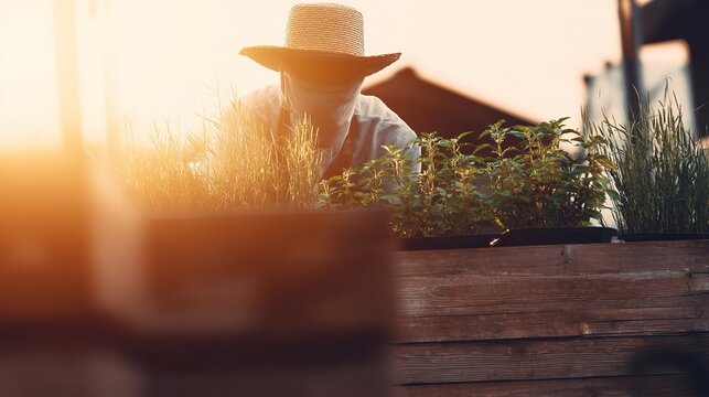 A gardener in a sunhat carefully tends to potted plants in a wooden planter box, surrounded by warm sunlight filtering through greenhouse glass.