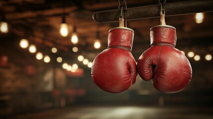 Worn boxing gloves hang in a dimly lit space