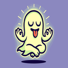 A ghost floats cross-legged in a yoga pose with closed glowing eyes and tongue out, radiating peaceful energy and playful spookiness against a simple background.