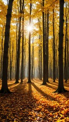 Tall autumn forest with golden foliage and sunbeams casting long tree shadows on carpet of fallen leaves. Nature concept
