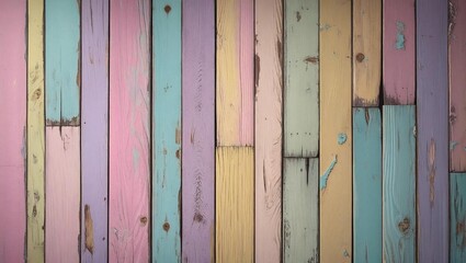 Colorful wooden planks in pastel rainbow colors form a vibrant background. Perfect for summer themes.