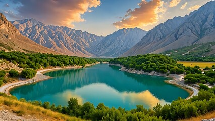 Green mountain lake with curved shoreline reflecting dramatic sunset clouds and surrounded by forest and rugged peaks. Nature concept
