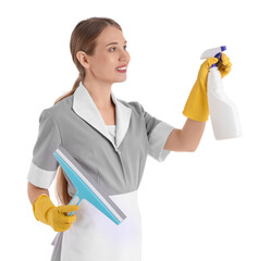 Pretty chambermaid with squeegee and detergent on white background