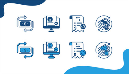 Digital banking icon set with Money transfer, Verified account, Transaction history, Money flow.