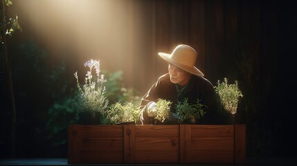 A gardener in a sunhat carefully tends to potted plants in a wooden planter box, surrounded by warm sunlight filtering through greenhouse glass.