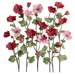 Vibrant bouquet of pink and red flowers blooming in a lush garden setting with greenery