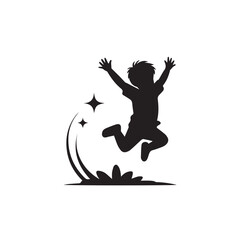 Joyful silhouette of a young child jumping high in the air with stars and leaves creating a magical celebratory moment