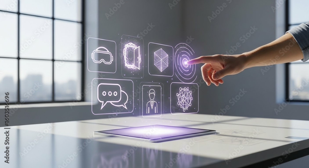 Poster finger touching virtual interface for immersive technology interaction with digital holographic icon
