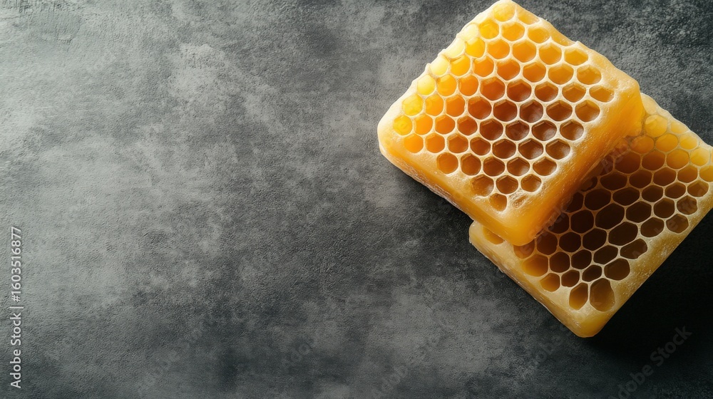 Poster close-up of two stacked honeycombs with hexagonal cells made of beeswax on a textured dark gray surf