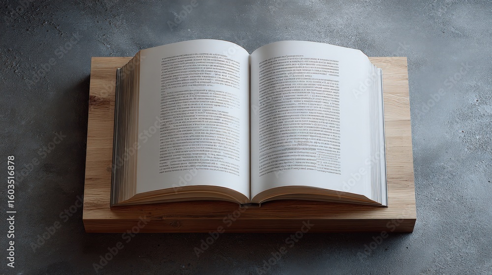 Poster open hardcover book with detailed text on pages placed on a wooden board on a textured gray surface,