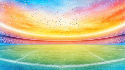 Vibrant stadium field celebration digital illustration. Stadium and arena event with confetti, crowd, sports and competition. Festive, colorful, modern design, perfect for tournament or championship