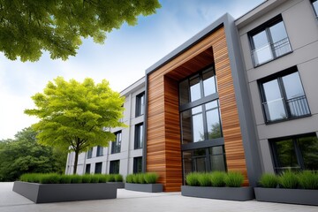 Fototapeta premium Modern multi-story residential apartment building with large glass and wooden accents surrounded by green trees and landscaped gardens