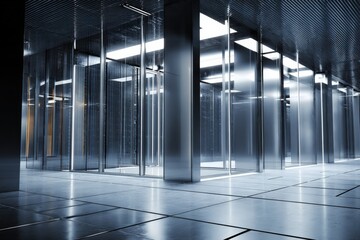 Modern futuristic data center with high-tech illuminated server racks and reflective surfaces showcasing advanced digital infrastructure