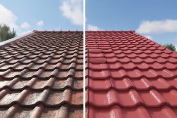 Comparison of Old and New Roof Tiles Showing Weathered and Fresh Surface Texture on Red Tile Roofs Under Blue Sky and Cloudy Weather Conditions