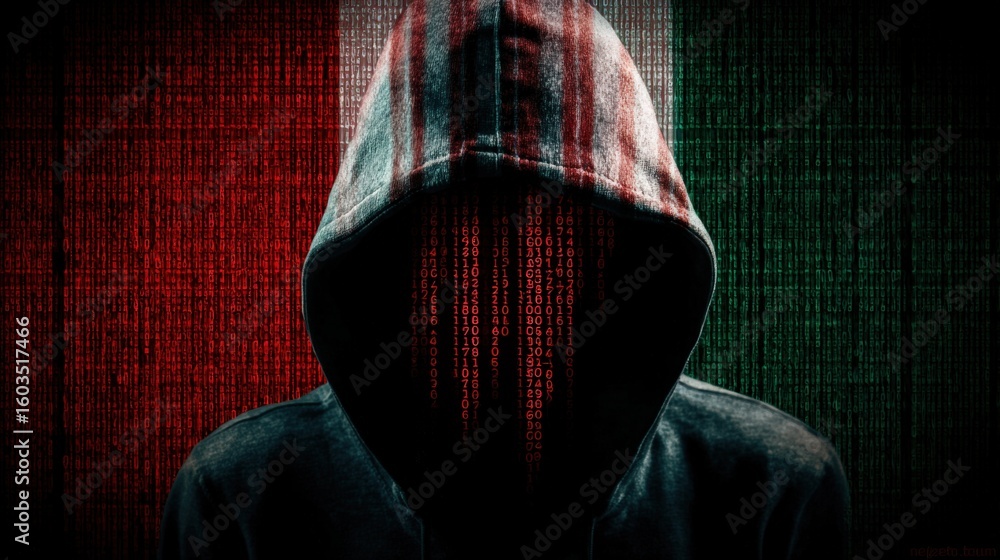 Poster mysterious hooded figure with digital code overlay on face in dark hoodie against red and green tech