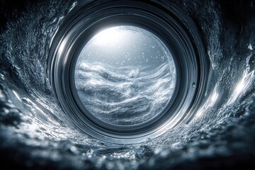 Abstract view of a washing machine drum with spinning motion creating a effect and water turbulence inside the appliance