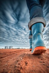 Close-up Footsteps on Red Dirt Path: Vibrant Image of Boots Walking Across Rural Terrain under Dramatic Sky