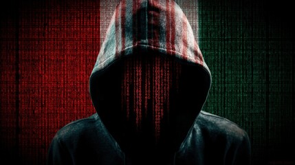 Mysterious hooded figure with digital code overlay on face in dark hoodie against red and green tech background with cyber security theme