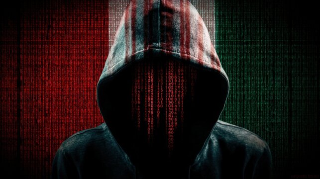 Mysterious hooded figure with digital code overlay on face in dark hoodie against red and green tech background with cyber security theme