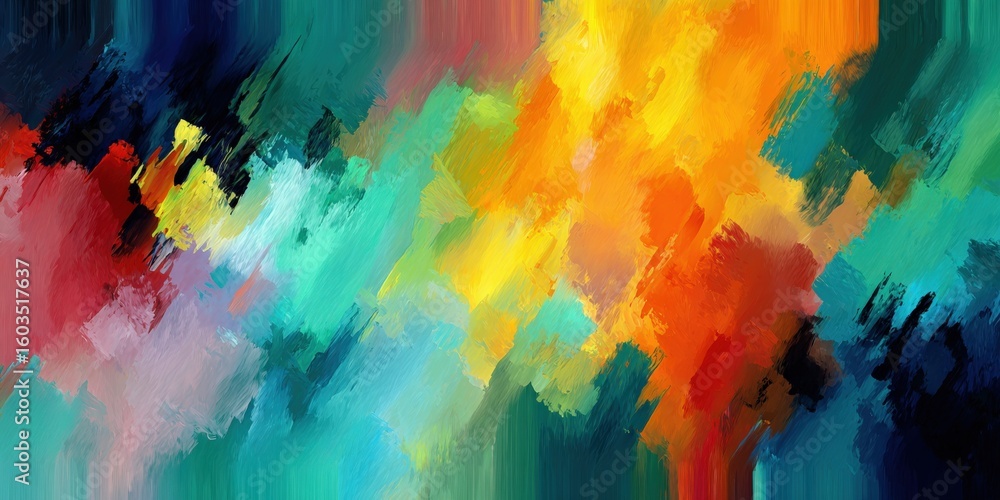 Poster abstract colorful painting with vibrant brushstrokes in warm and cool tones creating a dynamic and e