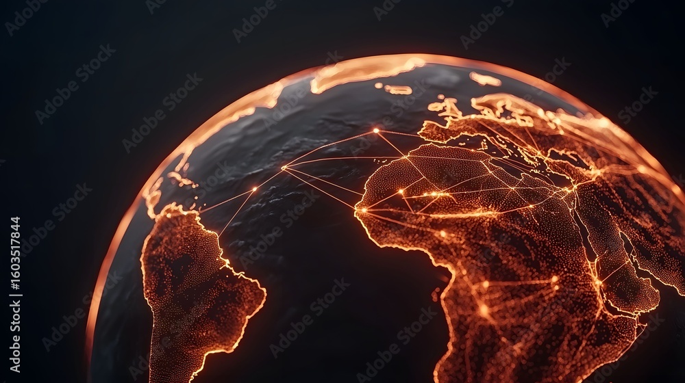 Poster the image features a glowing digital representation of the earth, showing the continents outlined in